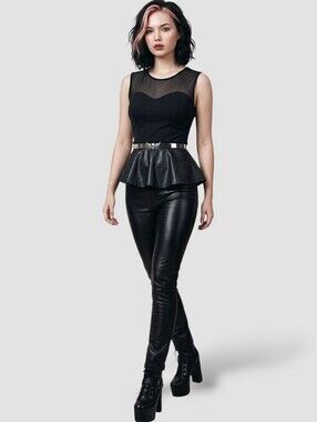 Vintage 90s A'gaci Peplum Faux Leather Sweetheart Mesh Sheer top- Size Small